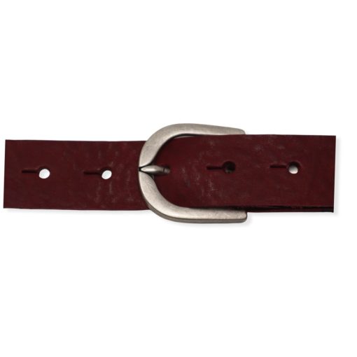 Womens burgundy leather dress belt with brushed silver buckle
