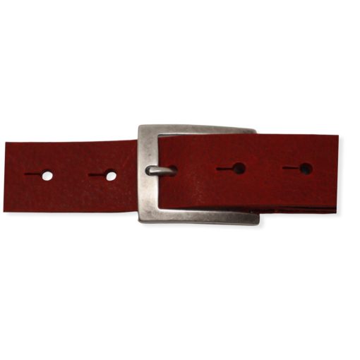 Mens red leather dress belt with brushed silver buckle
