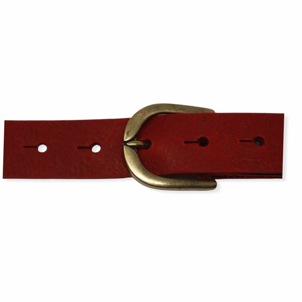 Womens red leather dress belt with brushed brass buckle Hip & Waisted