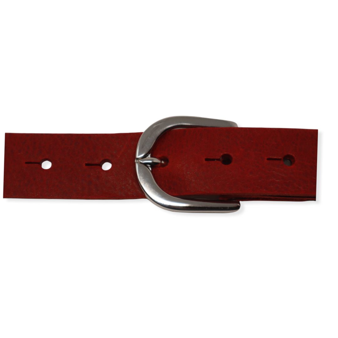 Womens red leather dress belt with chrome buckle - Hip & Waisted ...