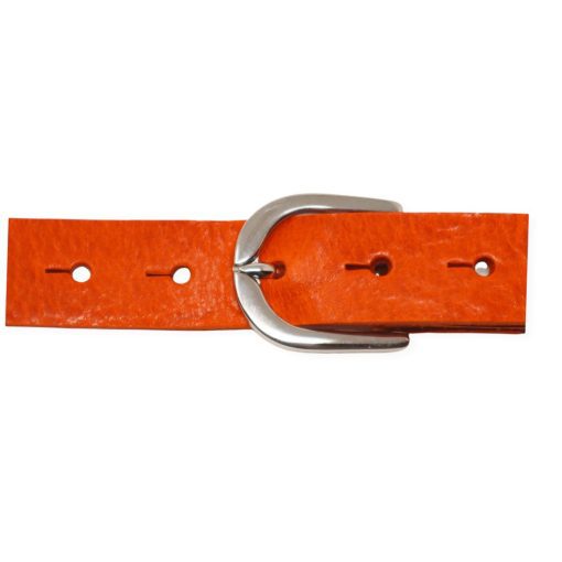 Womens orange leather dress belt with chrome buckle