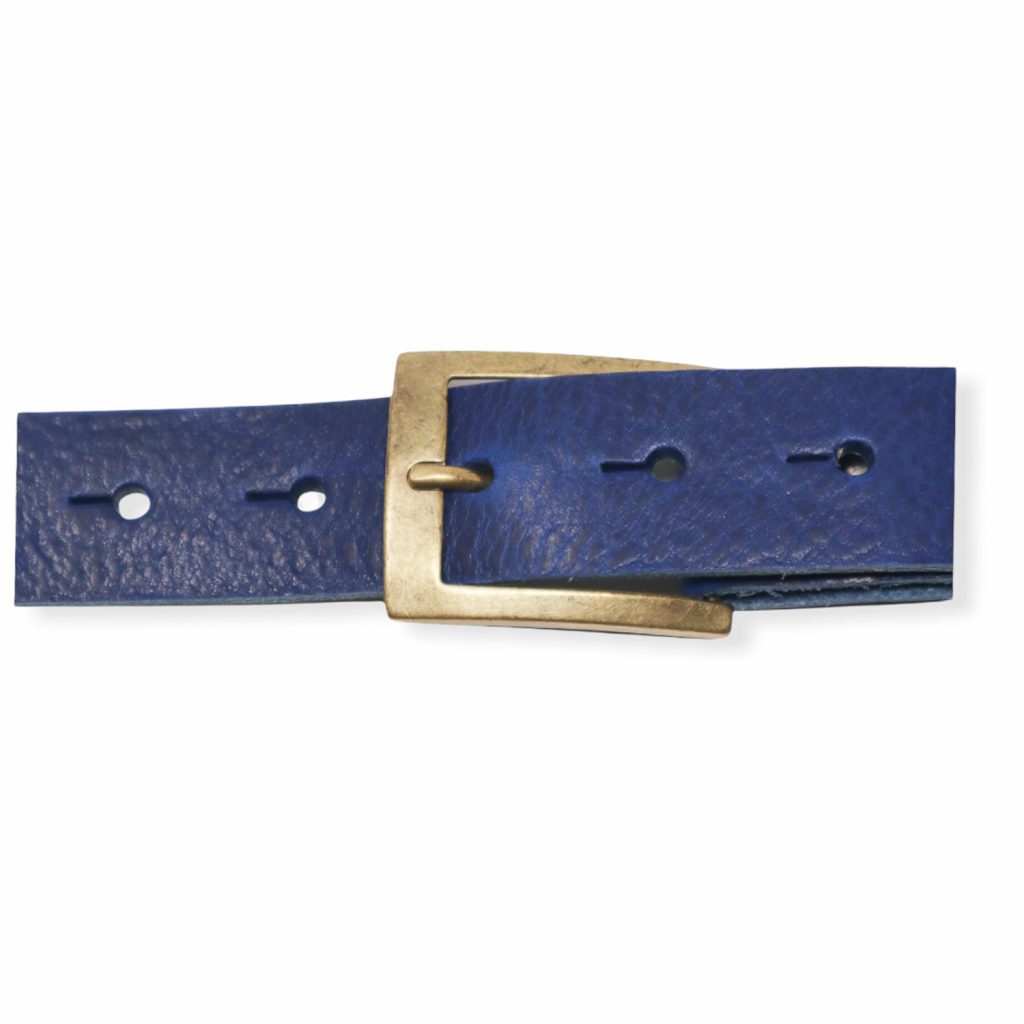 Mens blue leather dress belt with brushed brass buckle Hip & Waisted