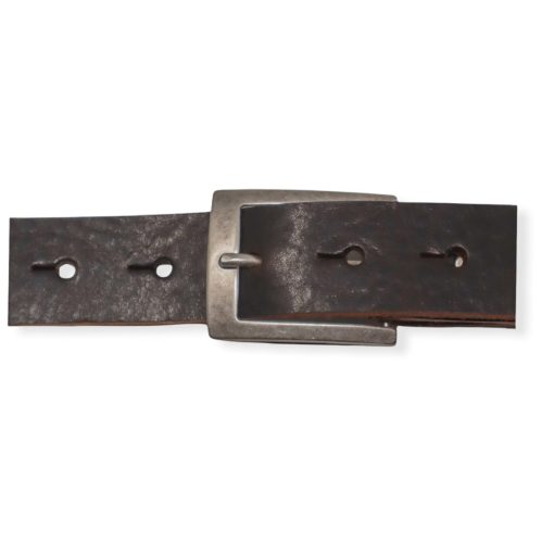 Mens dark brown leather dress belt with brushed silver buckle