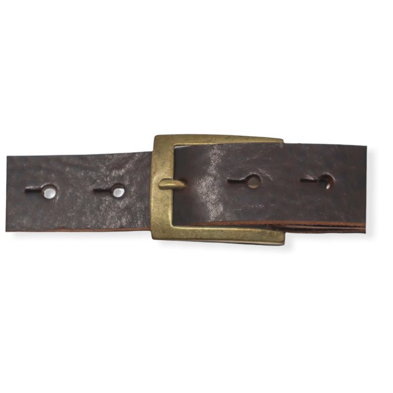Mens dark brown leather dress belt with brushed brass buckle Hip