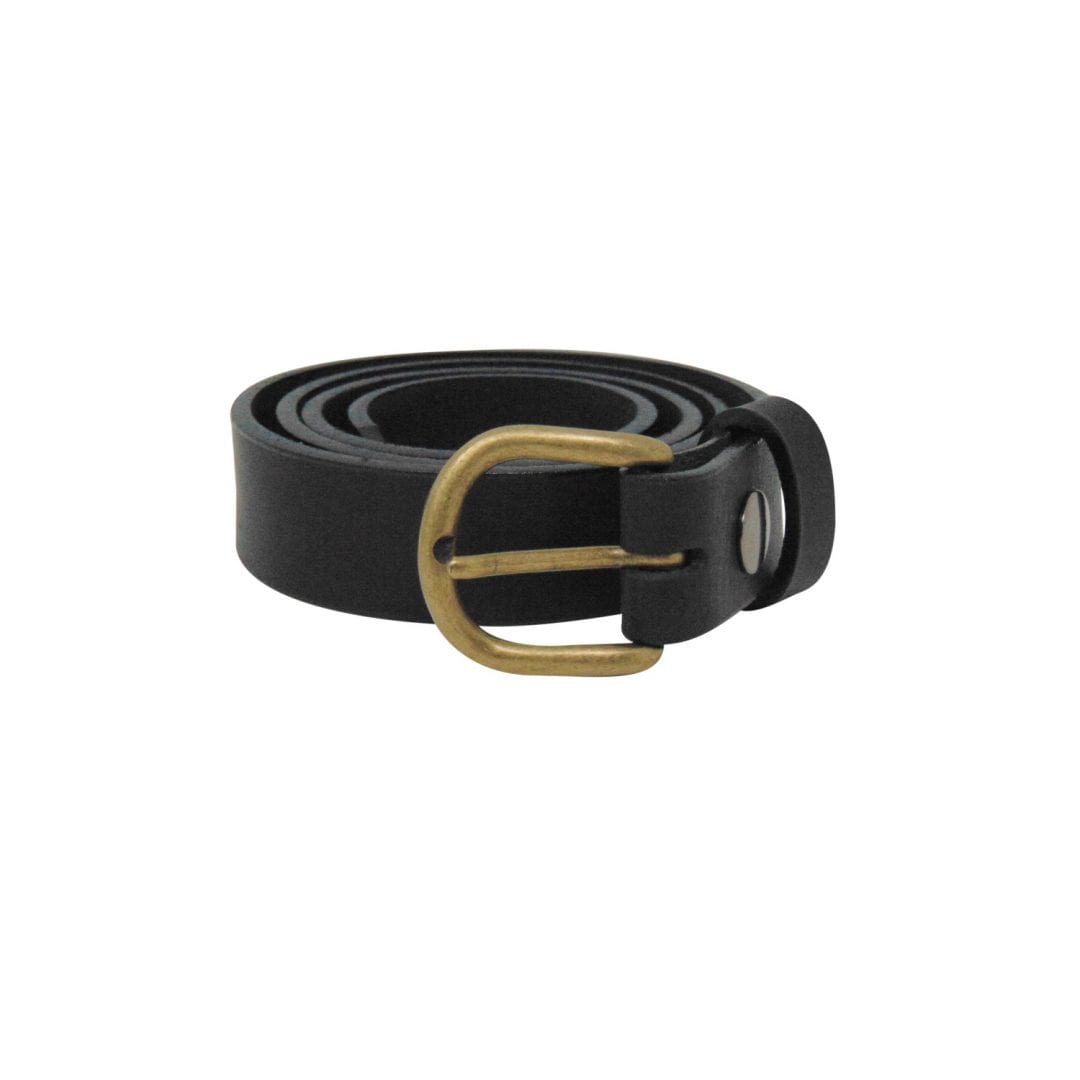 Womens black leather dress belt with a brushed brass buckle Hip