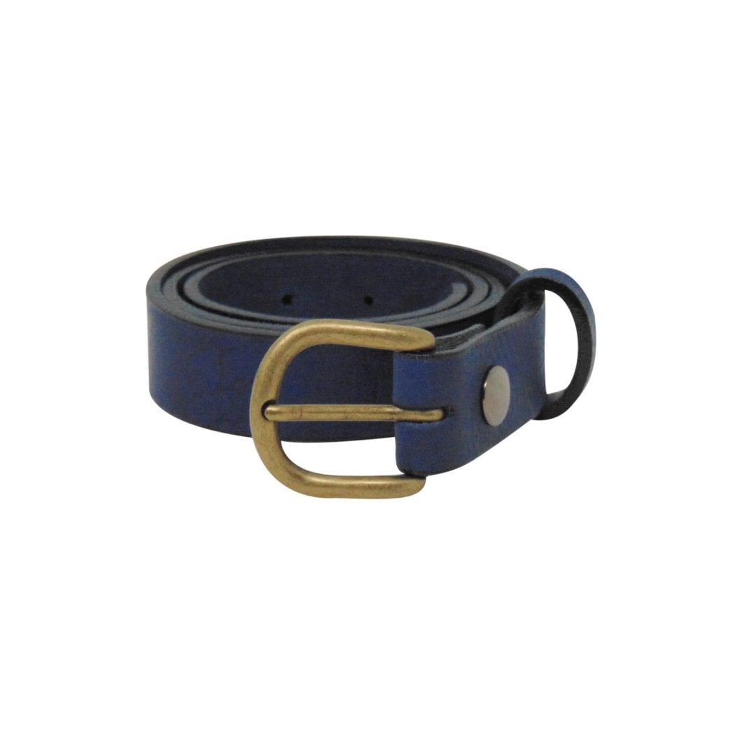 Womens blue leather dress belt with a brushed brass buckle Hip