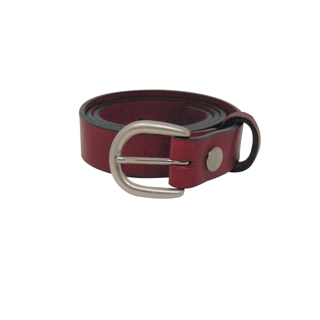 Womens burgundy leather dress belt with a brushed silver buckle Hip