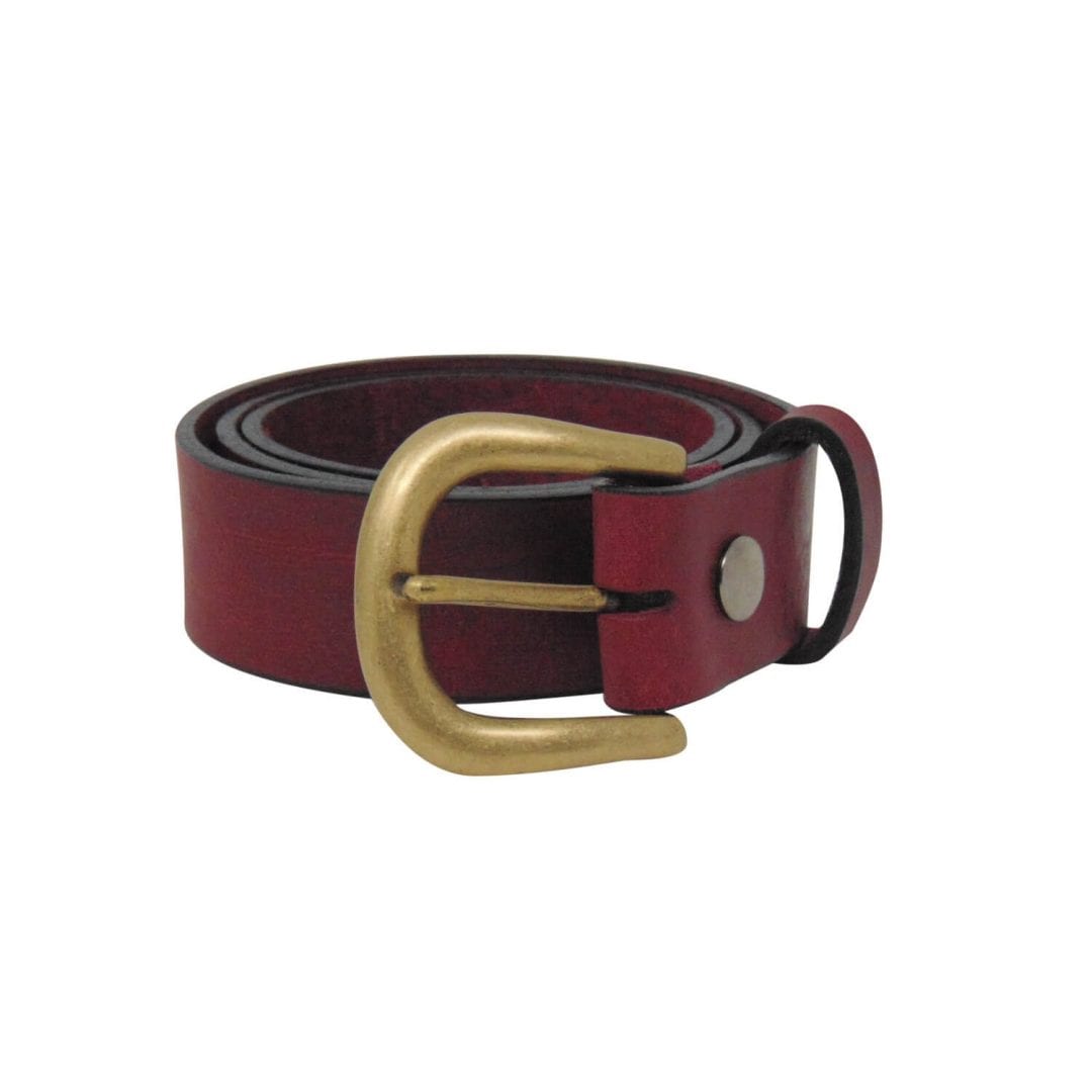 Womens burgundy leather jeans belt with a brushed brass buckle Hip