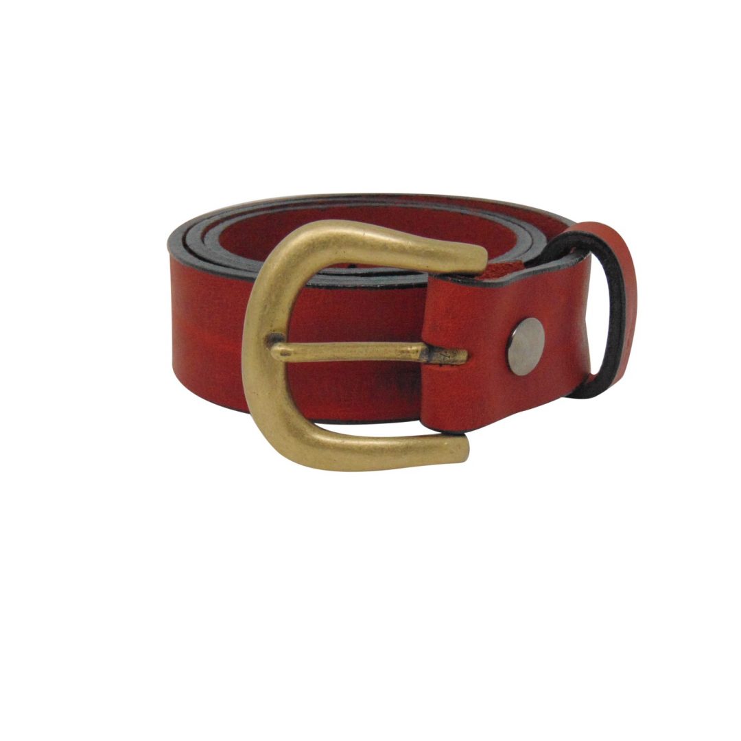 Womens red leather jeans belt with a brushed brass buckle Hip