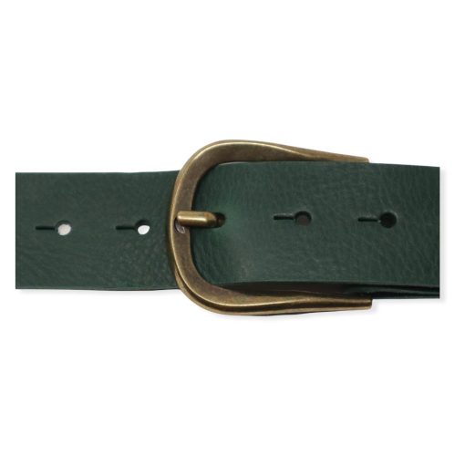 Womens green leather jeans belt with brushed brass buckle