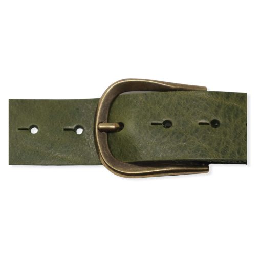 Womens olive green leather jeans belt with brushed brass buckle