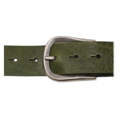 Womens olive green leather jeans belt with brushed silver buckle